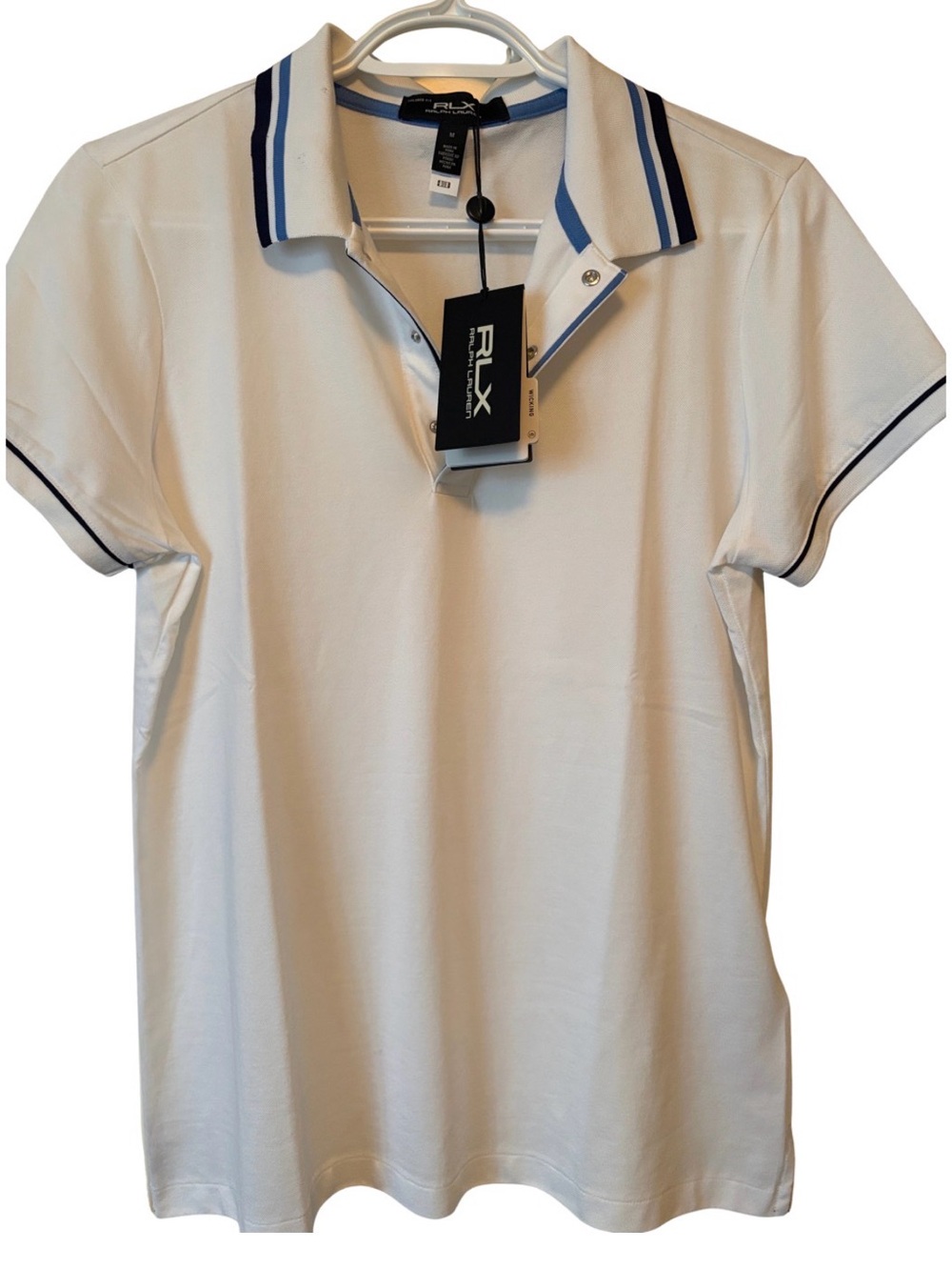 RLX RALPH LAUREN White Polo with Navy and Light Blue Trim